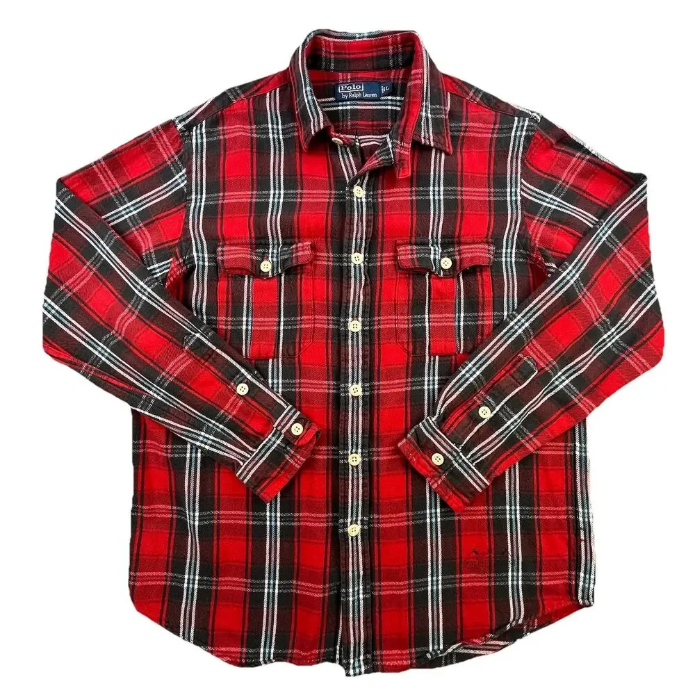 Vintage Polo Ralph Lauren Shirt L Loop Collar Flannel Cotton Tartan Plaid